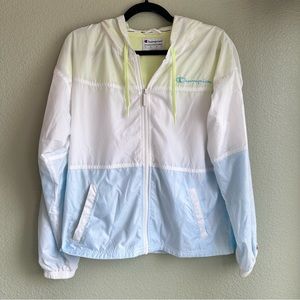 Champion Warm Up Full-Zp Jacket White, Light Blue Ocean, and Neon Green